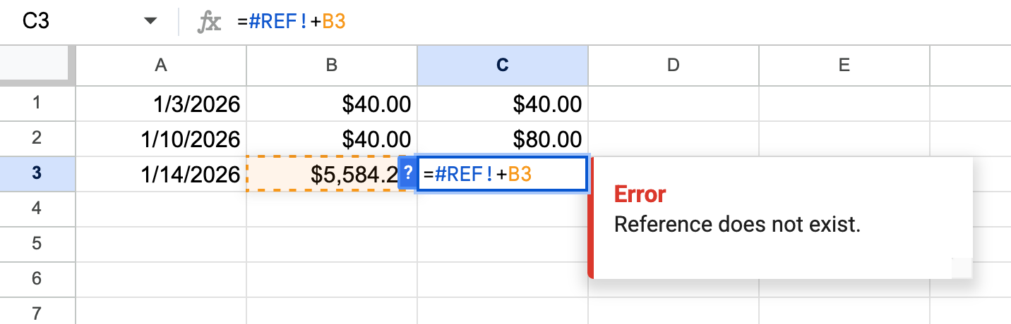 Example of #REF! issue in Google Docs