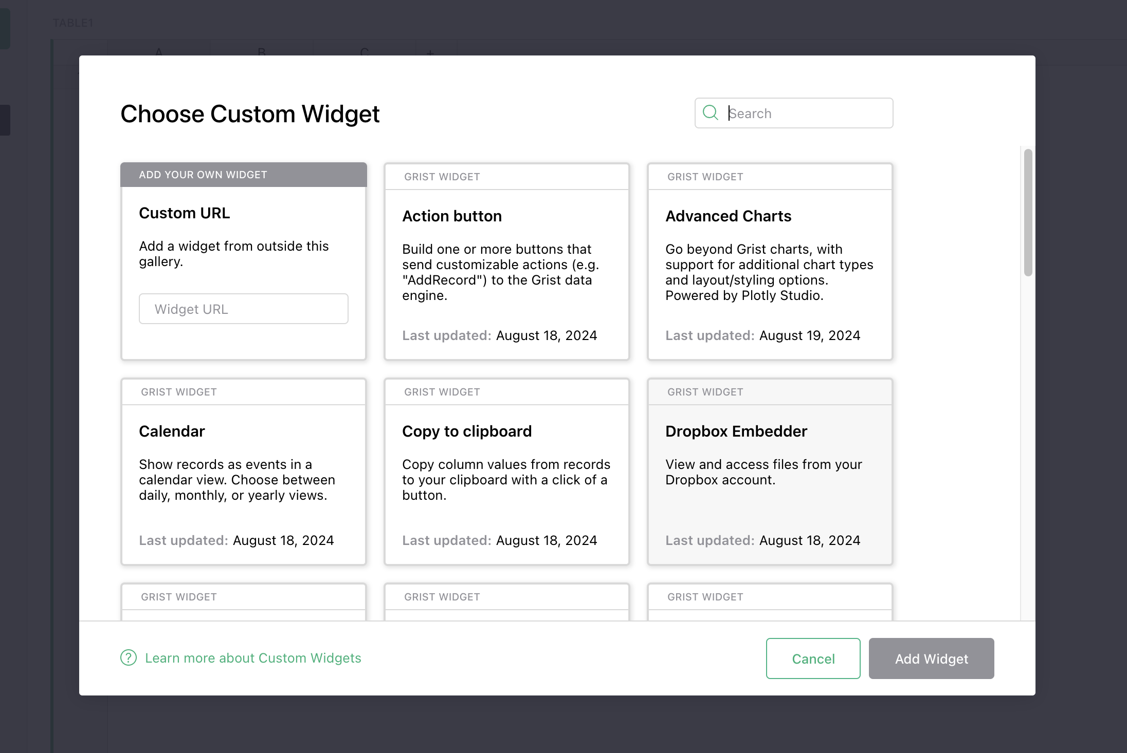 Galerie de widgets personnalisés
