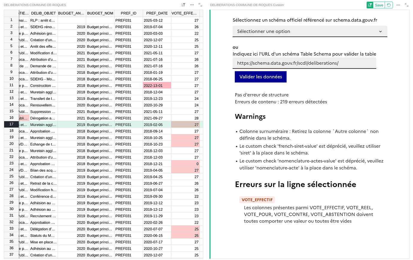 Table schema validator custom widget